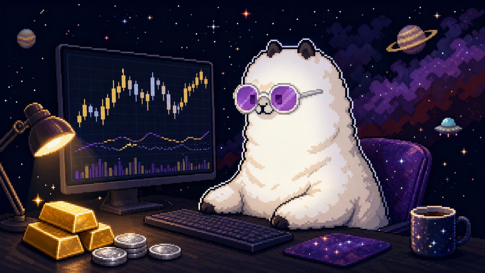 アルパカがPCで金と銀の貴金属トレードを見ているイメージ