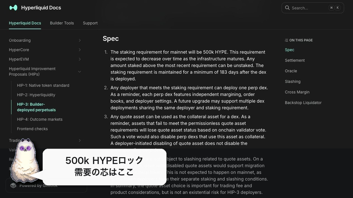 Hyperliquid公式HIP-3 Spec画面にアルパカとHYPEロックの吹き出しを重ねた挿入画像